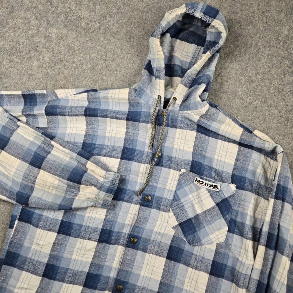 Vintage No Fear‎ Hoodie Flannel Shirt Mens M Blue Plaid Skater Grunge 90s Y2K